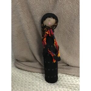 Handmade Fabric Doll Folk Art Black‎ Dress Colorful Scarf